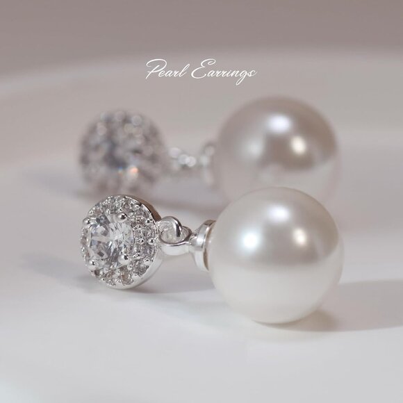 Pearl Drop Earrings Imitation Diamond Dangle Bridal Bridesmaid Jewelry - Picture 7 of 8